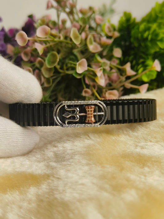 Black Stainless Steel Stretch Bracelet with Trident & Damru Design | CZ Crystal Adjustable Spiritual Bracelet for Men