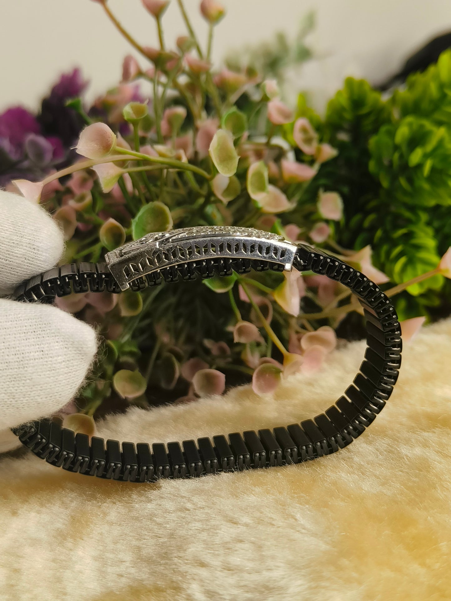 Black Stainless Steel Om Stretch Bracelet | CZ Crystal Adjustable Spiritual Bracelet for Men & Women