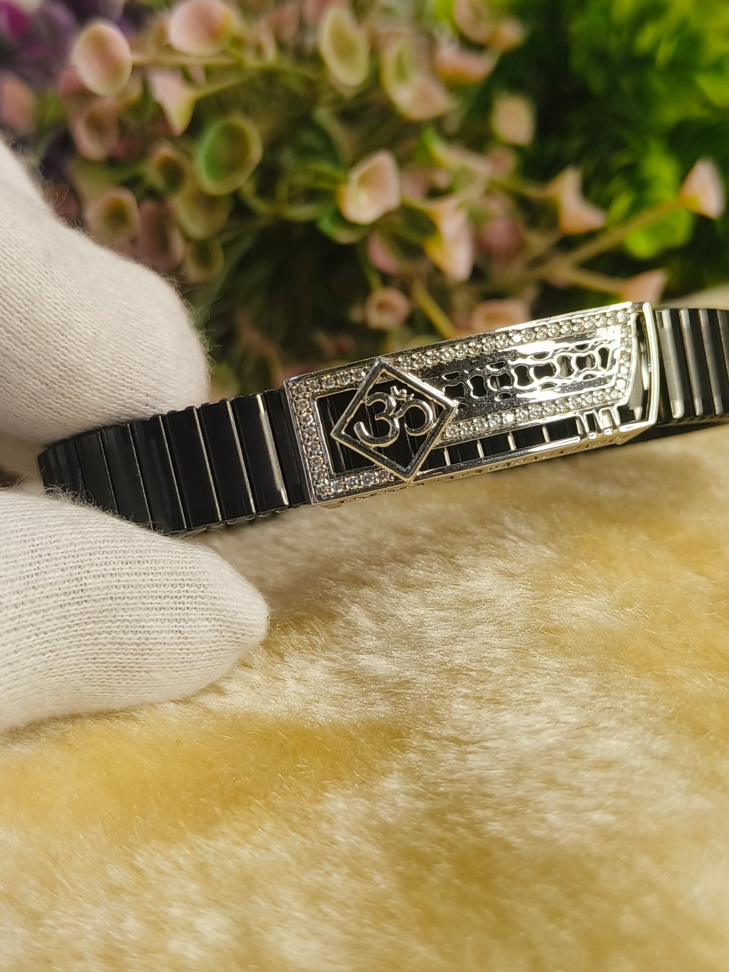 Black Stainless Steel Om Stretch Bracelet | CZ Crystal Adjustable Spiritual Bracelet for Men & Women