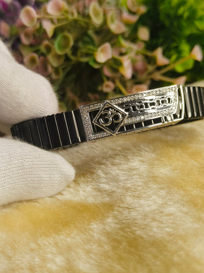 Black Stainless Steel Om Stretch Bracelet | CZ Crystal Adjustable Spiritual Bracelet for Men & Women