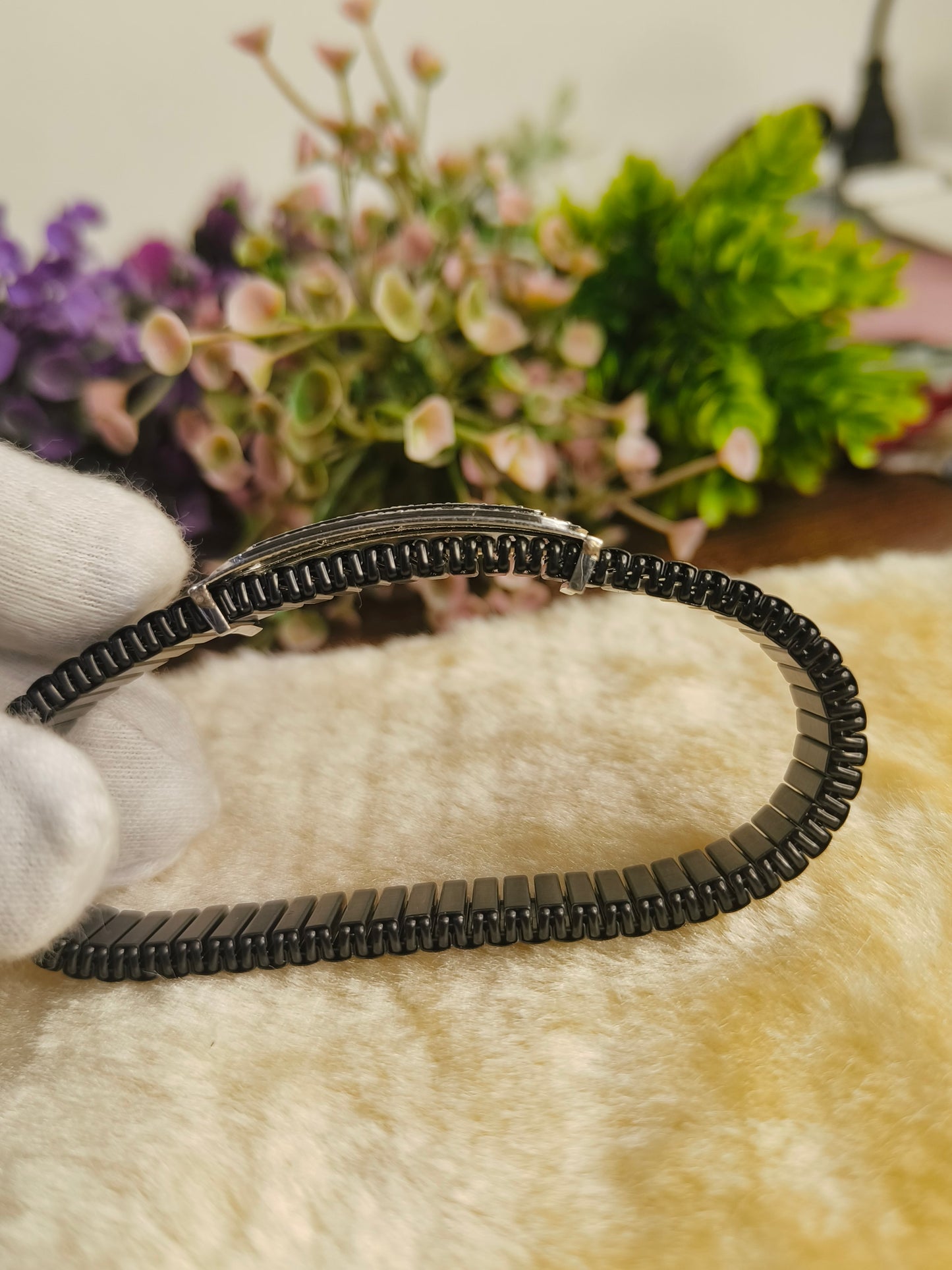 Black Stainless Steel CZ Stretch Bracelet | Crystal Adjustable Unisex Minimalist Bracelet