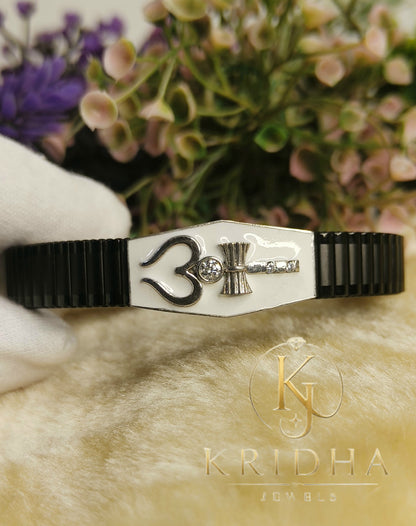 Silver Om Trishul Bracelet Moissanite Diamond Bracelet | White Enamel Adjustable Spiritual Jewelry for Men & Women